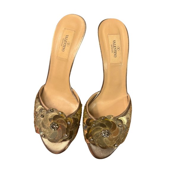 Valentino Gold Floral Sequin Embellished Slide Sandals | Paillettes Slides Gold - Picture 1 of 14